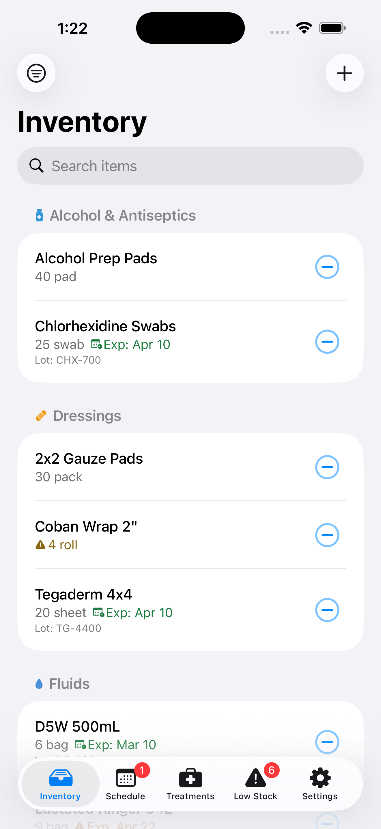 ReUp inventory screen on iPhone