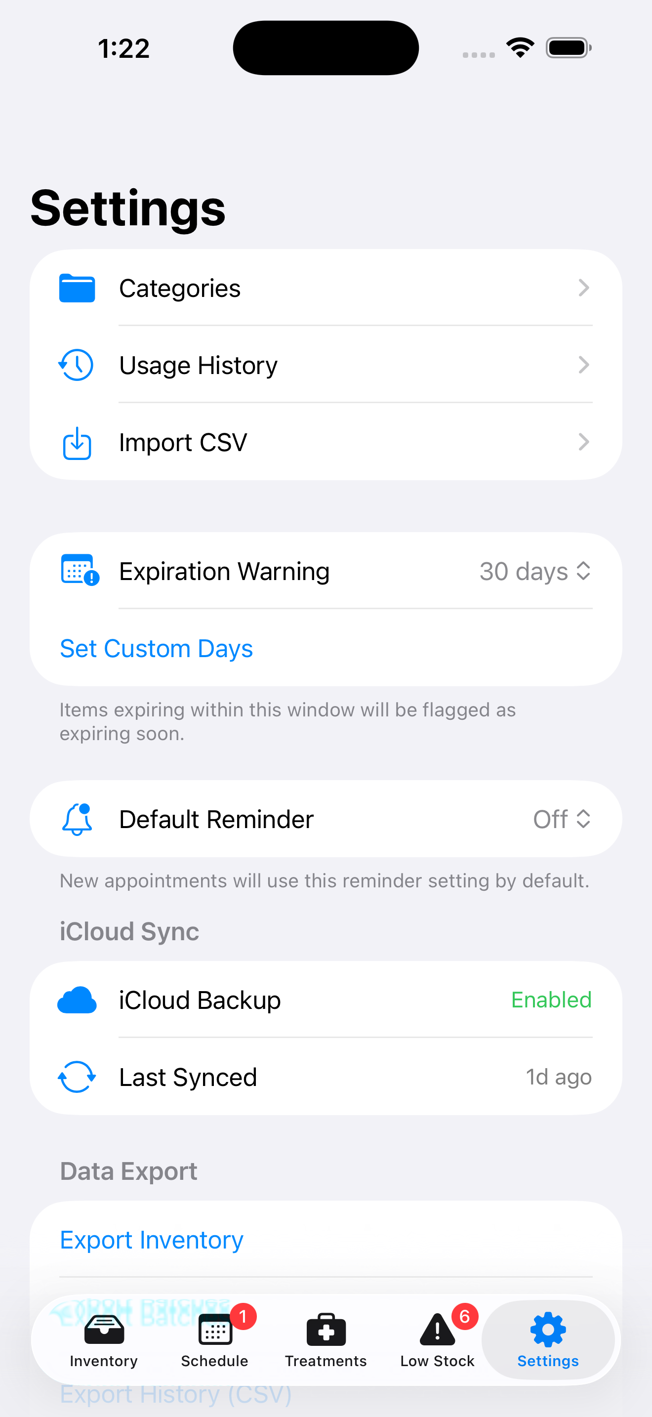 Settings screen